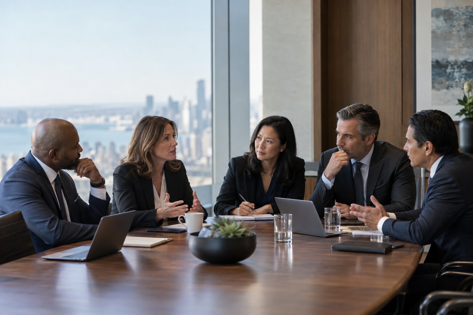 A diverse group of executives in their late forties conducting a boardroom strategy session